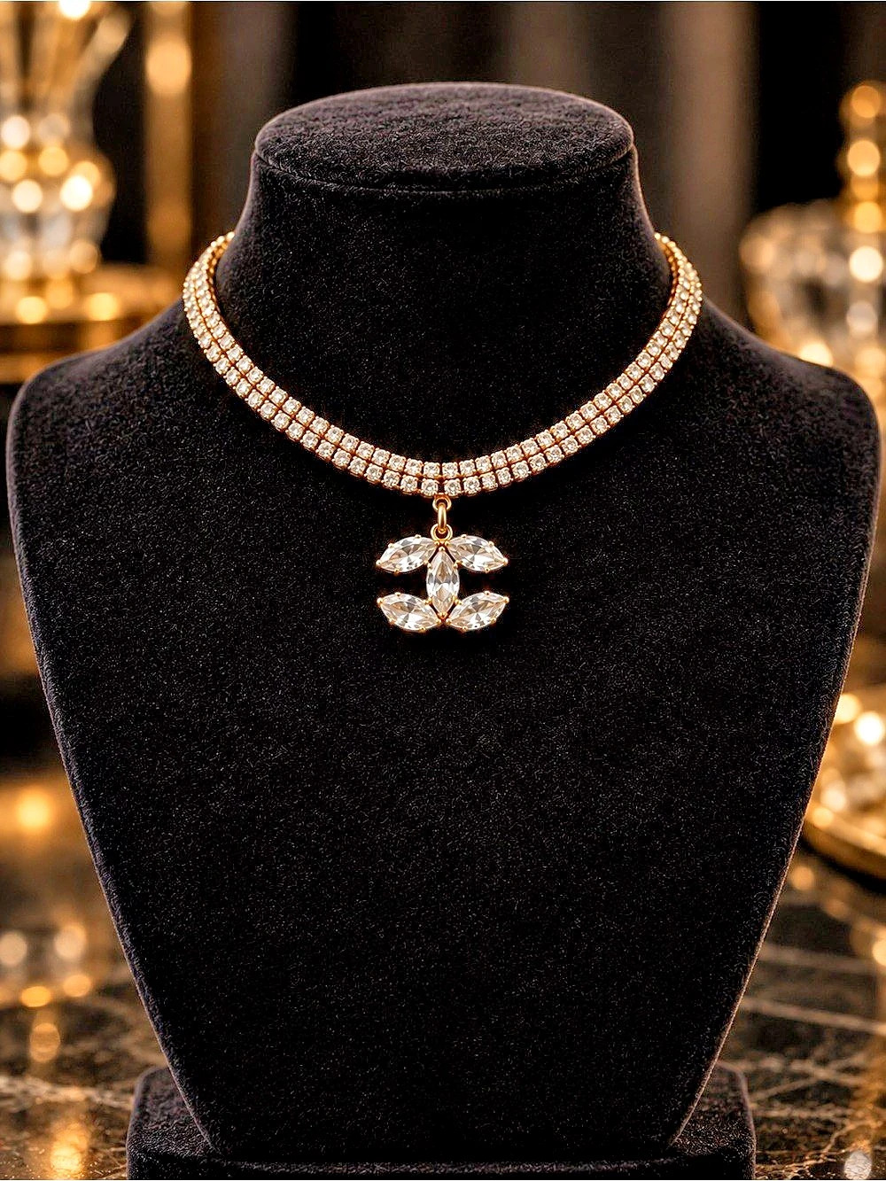 Gold Double Row Rhinestone Choker with Marquise Crystal CC Pendant